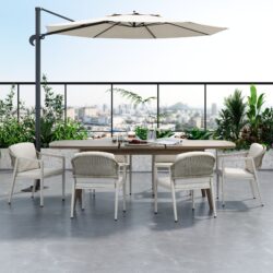 Modern Outdoor Dining Set With Expandable Acacia Wood Table And Iron Chairs - Gray