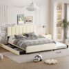 Queen Size Upholstered Platform Bed With 2 Drawers And 1 Trundle, Classic Strip Headboard Design - Beige - Image 12