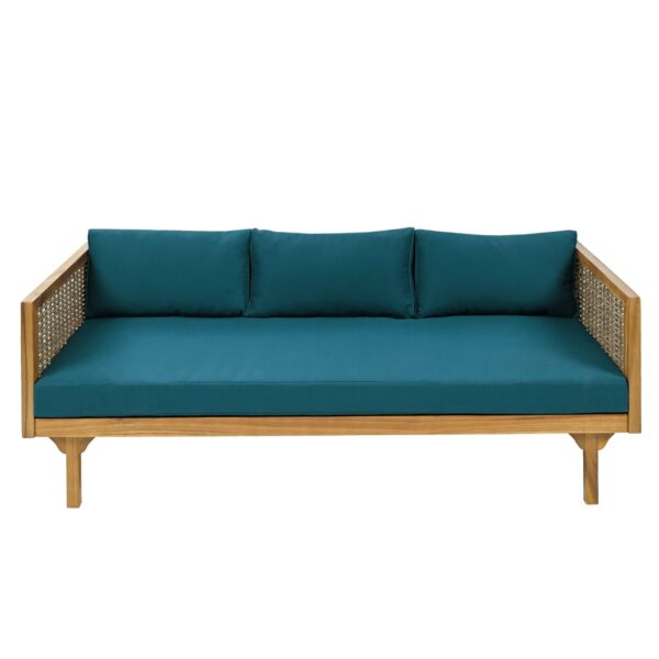 Claremont - 3 Seater Daybed With Rattan Arms And Cushions, Acacia Wood Frame - Teak / Teal