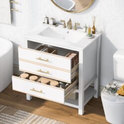 Modern Bathroom Vanity Cabinet, Combo With Open Storage, Two Drawers - White