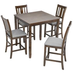 5 Pieces Dining Table Set, Wooden Dining Square Table Set For 4, Counter Height Kitchen Table Set With Square Table And 4 Upholstered Chairs For Small Space - Walnut