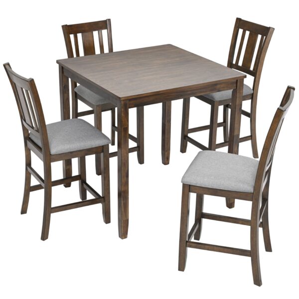5 Pieces Dining Table Set, Wooden Dining Square Table Set For 4, Counter Height Kitchen Table Set With Square Table And 4 Upholstered Chairs For Small Space - Walnut