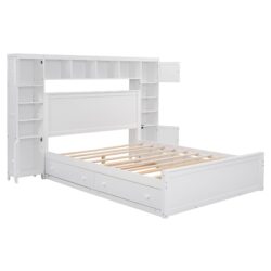 Queen Size Bed With All In One Cabinet, Shelf And Sockets, Twin Long Trundle - White