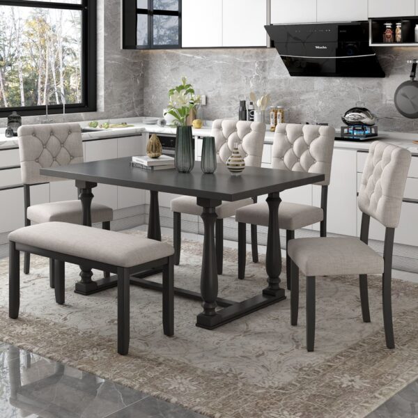 6 Piece Dining Table And Chair Set With Special-Shaped Legs And Foam-Covered Seat Backs&Cushions For Dining Room - Gray