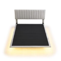 Queen Size Upholstered Bed With Sensor Light And Headboard, Floating Platform Bed - Gray