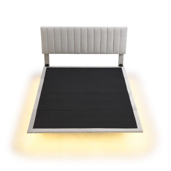 Queen Size Upholstered Bed With Sensor Light And Headboard, Floating Platform Bed - Gray