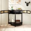 Boho Rattan Semi Circle End Table With Sliding Door, Elegant Wood Accent Table With Storage And Bottom Shelf - Black - Image 5