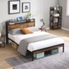 Full Size Metal Platform Bed Frame With Wooden Headboard And Footboard With USB Liner, No Box Spring Needed, Large Under Bed Storage - Brown - Image 2