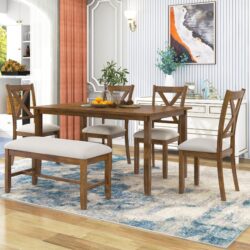 6 Piece Kitchen Dining Table Set Wooden Rectangular Dining Table, 4 Chairs And Bench Family Furniture - Natural Cherry
