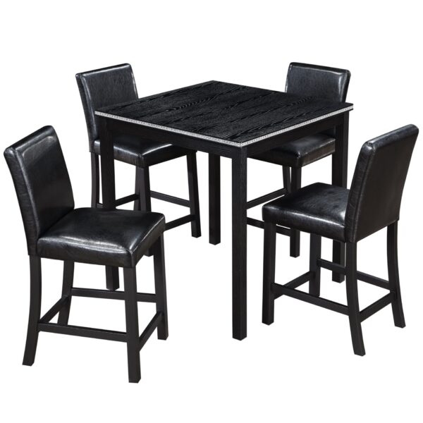 5 Pieces Counter Height Table Set, Wooden Kitchen Table Set With Square Table And 4 Upholstered Chairs, Counter Height Dining Table With Crystal Decoration And Chair Set For Kitchen, Dining Room - Black