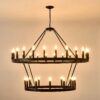 2 Tiers Wagon Wheel Chandelier Wooden Farmhouse 36 Light (24 / 12) Or (12 / 24) Metal Chandeliers 2 Story Light Fixtures Industrial For High Ceiling Living Dining Room Foyer, Adjustable Height - Black - Image 22