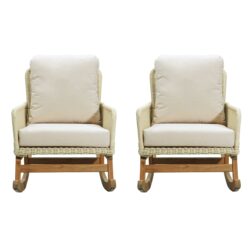 Contemporary Minimalist Wicker Rocking Chair Set With Soft Polyester Cushions And Durable Wooden Frame For Indoor And Outdoor Spaces - Ivory