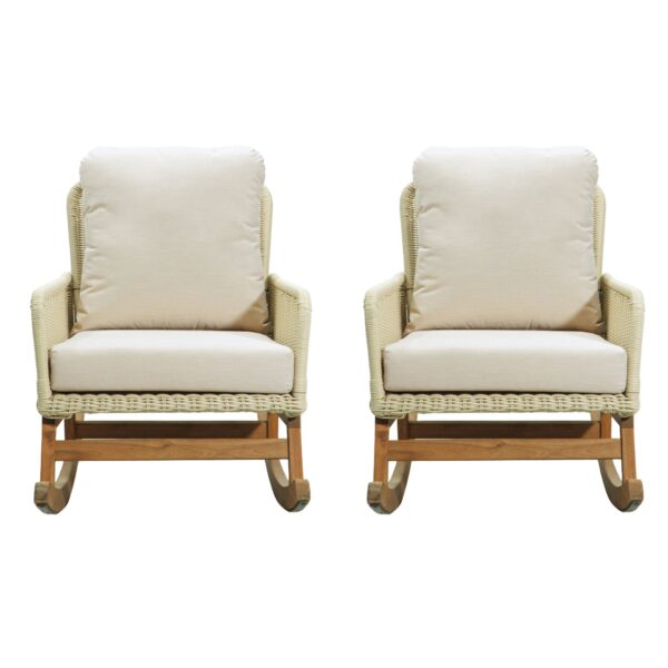 Contemporary Minimalist Wicker Rocking Chair Set With Soft Polyester Cushions And Durable Wooden Frame For Indoor And Outdoor Spaces - Ivory