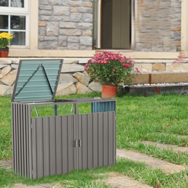 Garbage Bin Shed Stores 2 Trash Cans Metal Outdoor Bin Shed For Garbage Storage, Stainless Galvanized Steel, Bin Shed For Garden Yard Lawn - Gray