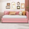 Upholstered Daybed With Trundle Twin Size Sofa Bed Frame No Box Spring Needed, Linen - Pink - Image 15
