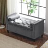 Storage Bench, Queen Velvet Button Bedside Bench, Entryway Living Room With Armrests, Nailhead Trim, Upholstered Bedroom Bench, Bedside Ottoman, Living Room, Entryway - Gray - Image 2