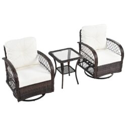 3 Piece Outdoor Chair & Table Set Chat Set 2 Person Rattan Seating Group With 2 Swiveling And Rocking Chairs And A Square Table For Garden, Patio, Or Balcony - Brown