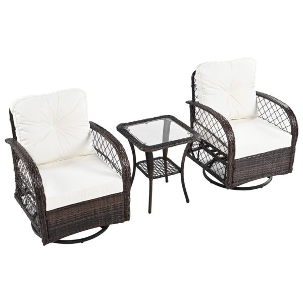 3 Piece Outdoor Chair & Table Set Chat Set 2 Person Rattan Seating Group With 2 Swiveling And Rocking Chairs And A Square Table For Garden, Patio, Or Balcony - Brown