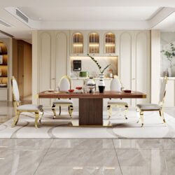 Top Dining Table With Gold Finish Corner, Pillar And Gold Finish Stainless Steel Base - Walnut Brown