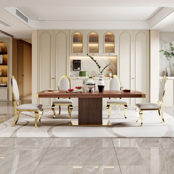 Top Dining Table With Gold Finish Corner, Pillar And Gold Finish Stainless Steel Base - Walnut Brown