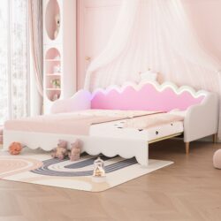 Twin Extending Daybed With LED Lights, Modern Upholstered Princess Daybed With Crown Headboard - White