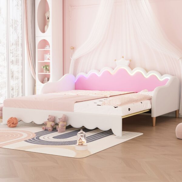 Twin Extending Daybed With LED Lights, Modern Upholstered Princess Daybed With Crown Headboard - White