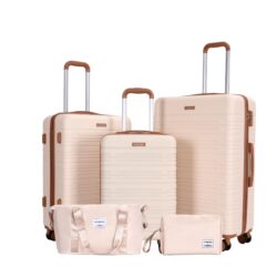 5 Piece Set (20"24"28 +A Travel Bag And A Toiletry Bag), Hard Case Spinner Wheels Luggage Sets With Tsa Lock Carry On Suitcase Luggage Durable Suitcase - Creamy White