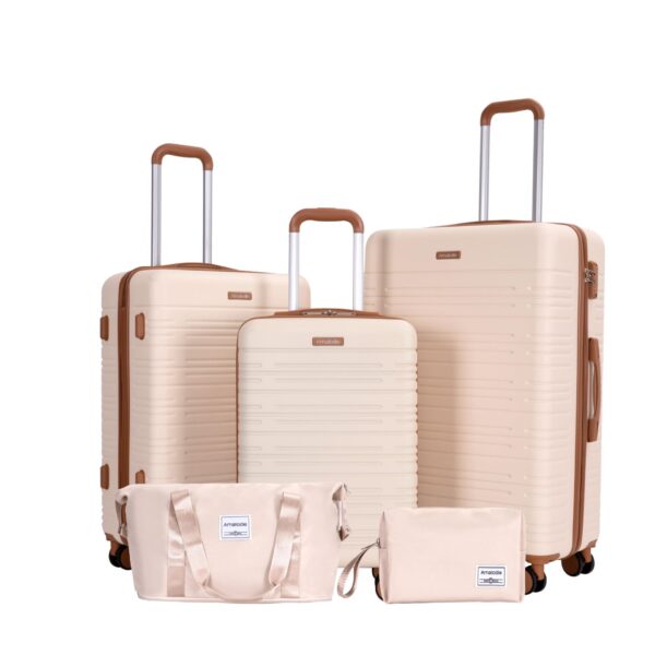 5 Piece Set (20"24"28 +A Travel Bag And A Toiletry Bag), Hard Case Spinner Wheels Luggage Sets With Tsa Lock Carry On Suitcase Luggage Durable Suitcase - Creamy White