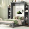 Full Size Murphy Wall Bed With Shelves And LED Lights - Gray - Image 24