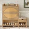 Shoe Storage Cabinet Rattan Shoe Storage Organizer With 2 Flip Drawers, A Storage Drawer And A Bench For Entryway, And Hallway - Light Brown - Image 10