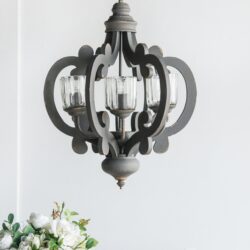 Farmhouse Chandelier, 6 Light Wood Chandelier Pendant Light Fixture With Adjustable Chain For Dining Room Living Room Entryway, Bulb Not Included - Gray