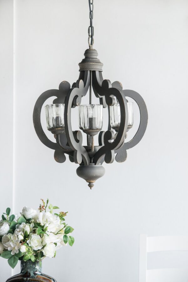 Farmhouse Chandelier, 6 Light Wood Chandelier Pendant Light Fixture With Adjustable Chain For Dining Room Living Room Entryway, Bulb Not Included - Gray