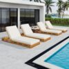 Premium Acacia Wood Lounge Chaise Set With Water Resistant Cushions, Adjustable Recline - Cream / Teak - Image 5