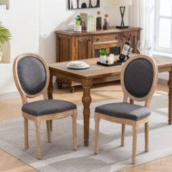 French Style Solid Wood Frame Antique Painting Linen Fabric Back Dining Chair (Set of 2) - Dark Gray