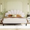 Queen Size Upholstered Platform Bed With Flower Pattern Headboard - Beige - Image 9