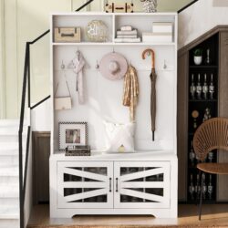 Entryway Bench With Coat Rack, 3 In 1 Design And Adjustable Shelves, Hall Tree With 7 Hooks For Entrance, Living Room - White