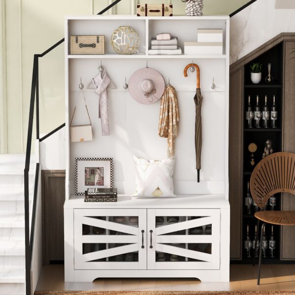 Entryway Bench With Coat Rack, 3 In 1 Design And Adjustable Shelves, Hall Tree With 7 Hooks For Entrance, Living Room - White