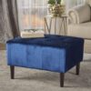 Mid Century Ottoman Velvet With Button Tufting With Birch Wood Legs - Navy Blue - Image 2