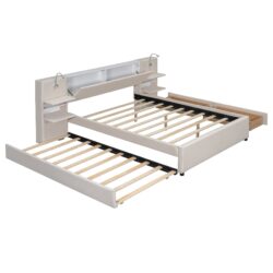 Queen Size Upholstered Platform Bed With Reading Lights, Drawers, Trundle And Shelves - Beige