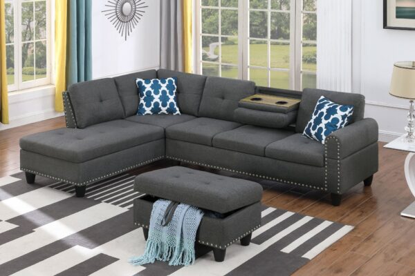 Alger - 98" Wide Left Hand Facing Sofa & Chaise With Ottoman - Dark Gray