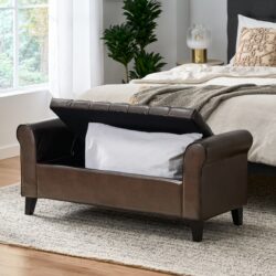Hayes Contemporary Armed Storage Bench With Button Tufting - Brown
