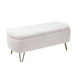 Storage Ottoman Bench For End Of Bed Gold Legs, Modern Ivory White Faux Fur Entryway Bench Upholstered Padded With Storage For Living Room Bedroom - Ivory