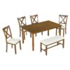 6 Piece Kitchen Dining Table Set Wooden Rectangular Dining Table, 4 Chairs And Bench Family Furniture - Natural Cherry - Image 9