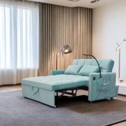 3 In 1 Convertible Sleeper Sofa Bed, Modern Velvet Fabric Futon Sofa Couch Pullout Bed, Adjustable Backrest With Three USB Ports, Two Side Pockets, Two Cup Holders And Swivel Phone Holder - Light Blue