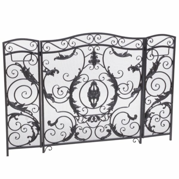 Mariella - Traditional Floral Iron Fireplace Screen With Ornate Design - Black / Brushed Silver