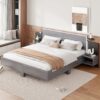 King Size Floating Platform Bed, With LED Lights, Bedside Nightstand - Gray - Image 10