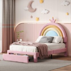 Twin Size Upholstered Rainbow Design Bed, Velvet Princess Platform Bed With Storage Drawer, No Box - Spring Needed - Colorful / Pink