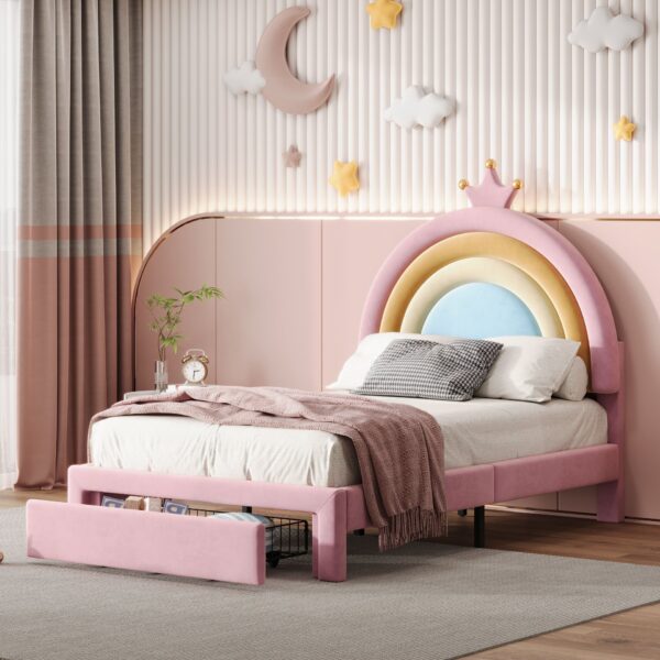 Twin Size Upholstered Rainbow Design Bed, Velvet Princess Platform Bed With Storage Drawer, No Box - Spring Needed - Colorful / Pink