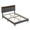 Modern Upholstered King Size Platform Bed Frame With Button Tufted Linen Headboard And USB Ports - Dark Gray - Image 12
