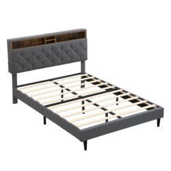 Modern Queen Size Upholstered Platform Bed Frame With Button Tufted Linen Headboard And USB Ports - Dark Gray